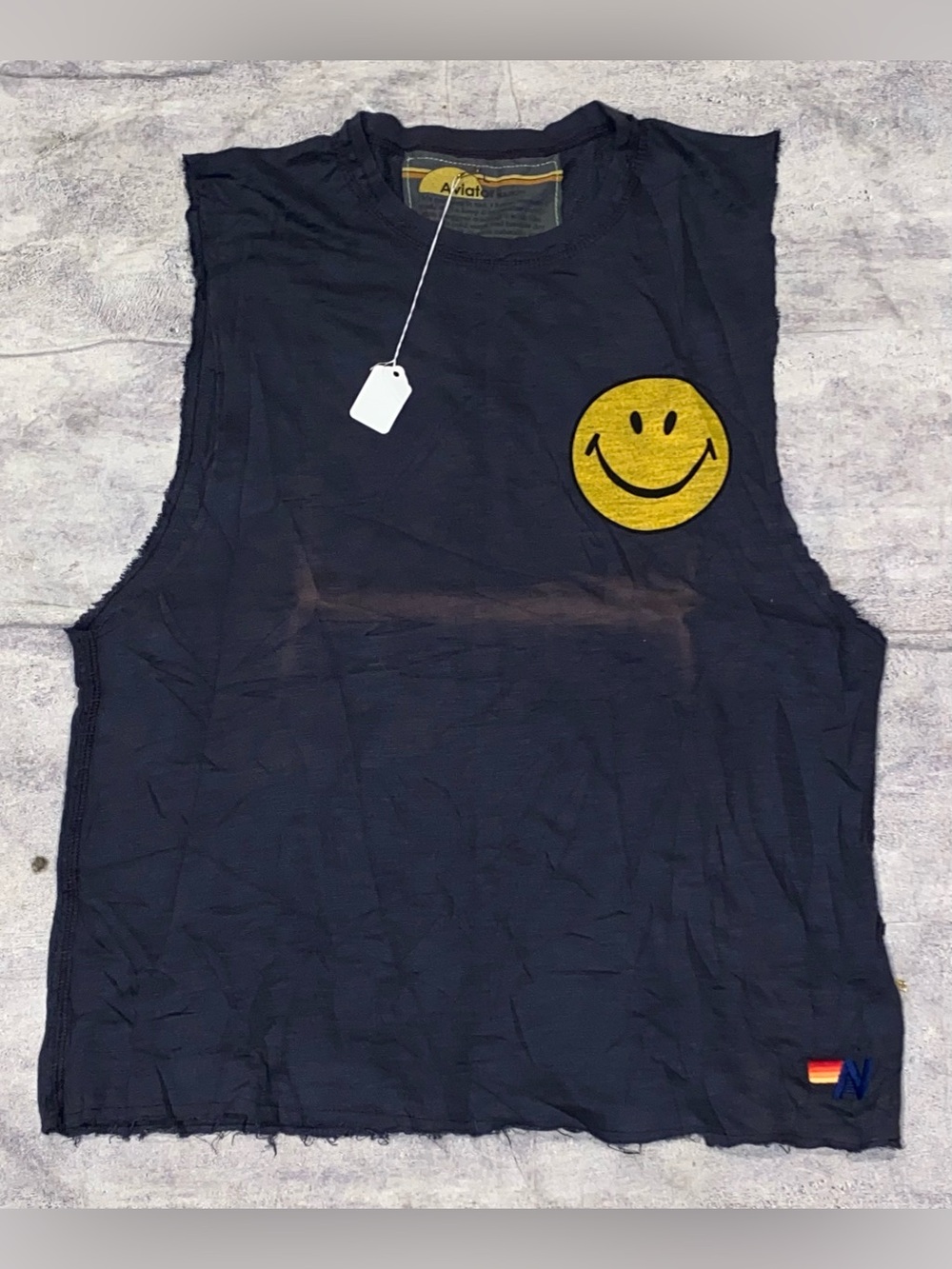 NWT NEW Aviator Nation Smiley Face Tank Top Cut Off Logo Distressed Raw Hem L